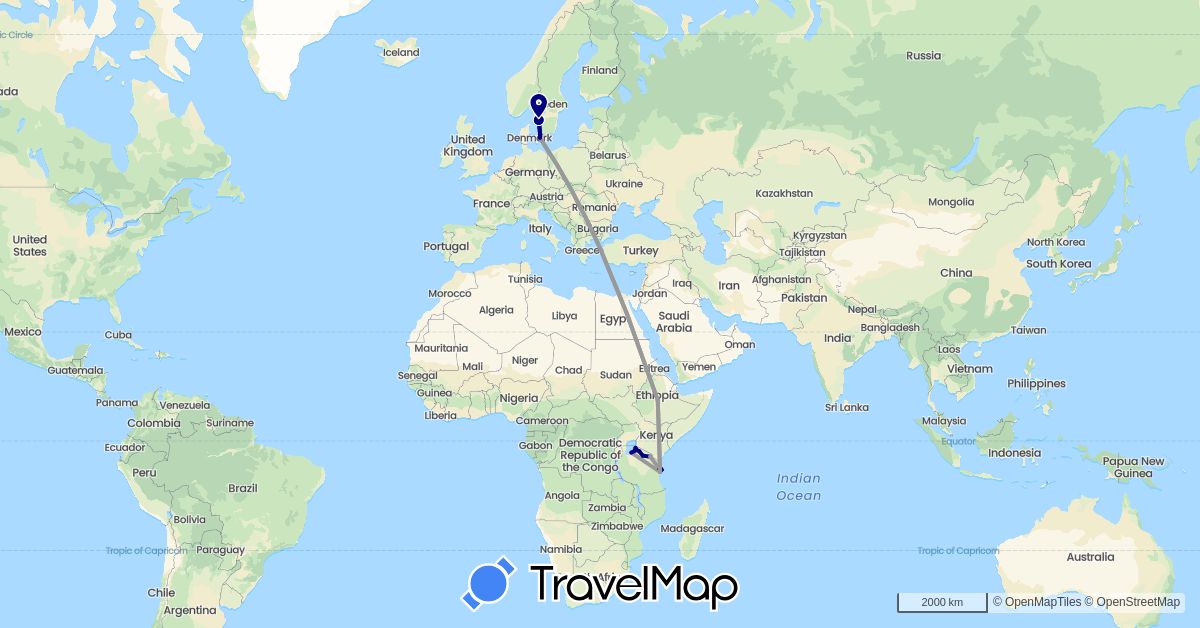 TravelMap itinerary: driving, plane in Denmark, Ethiopia, Sweden, Tanzania (Africa, Europe)